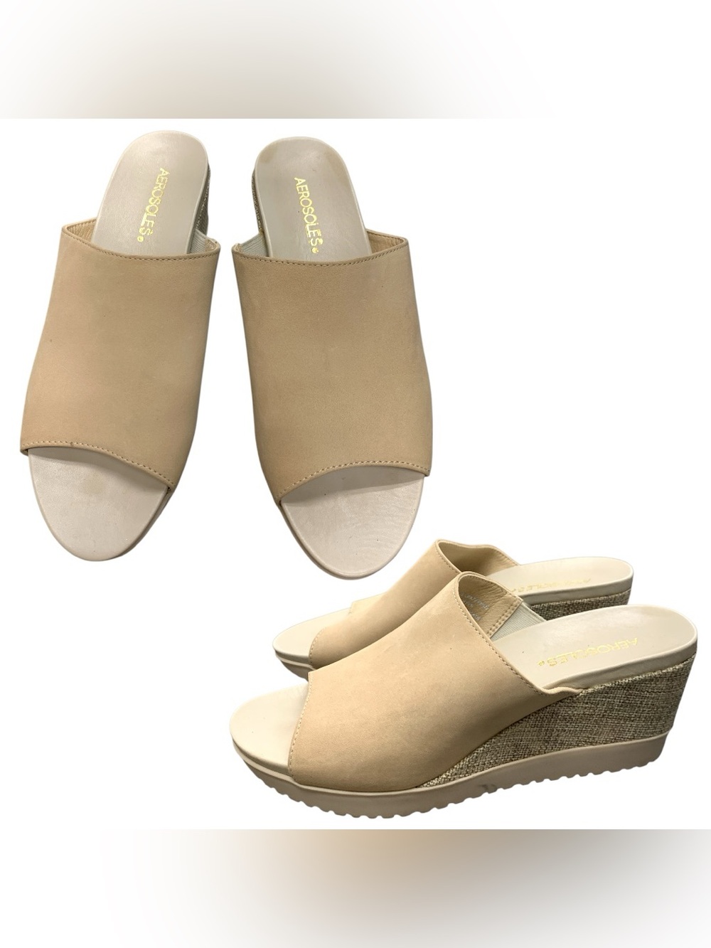 AEROSOLES Tan Open-Toe Wedge Slide Sandals S7.5